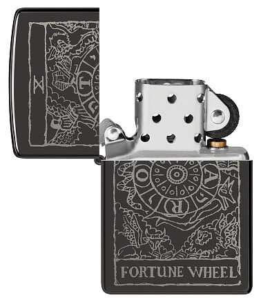 Зажигалка ZIPPO Wheel Of Fortune с покрытием High Polish Black, латунь/сталь, черная, глянцевая, 38x13x57 мм
