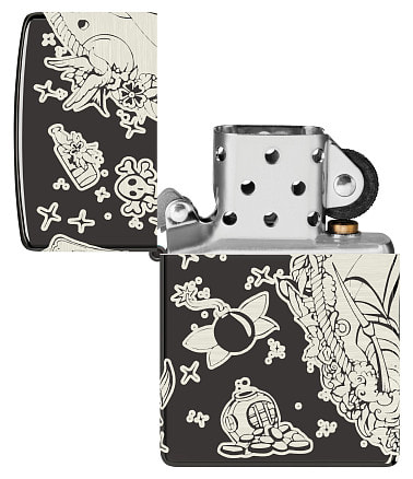 Зажигалка ZIPPO Pirates Treasure с покрытием High Polish Black, латунь/сталь, черная, 38x13x57 мм
