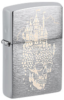 Зажигалка ZIPPO Skull Castle Design с покрытием Brushed Chrome, латунь/сталь, серебристая, 38x13x57 мм