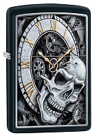 Зажигалка ZIPPO Skull Clock с покрытием Black Matte, латунь/сталь, чёрная, матовая, 38x13x57 мм
