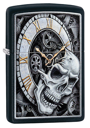 Зажигалка ZIPPO Skull Clock с покрытием Black Matte, латунь/сталь, чёрная, матовая, 38x13x57 мм