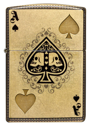 Зажигалка ZIPPO Ace of Skulls Design с покрытием 540 Tumbled Brass, латунь/сталь, золотистая, 38x13x57 мм