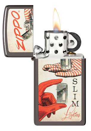 Зажигалка ZIPPO Slim® с покрытием Black Ice ®, латунь/сталь, чёрная, глянцевая, 29x10x60 мм