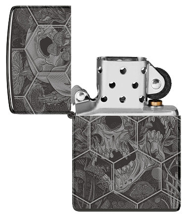 Зажигалка ZIPPO Mushroom Skulls с покрытием High Polish Black, латунь/сталь, черная, глянцевая, 38x13x57 мм
