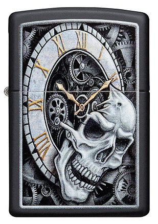 Зажигалка ZIPPO Skull Clock с покрытием Black Matte, латунь/сталь, чёрная, матовая, 38x13x57 мм