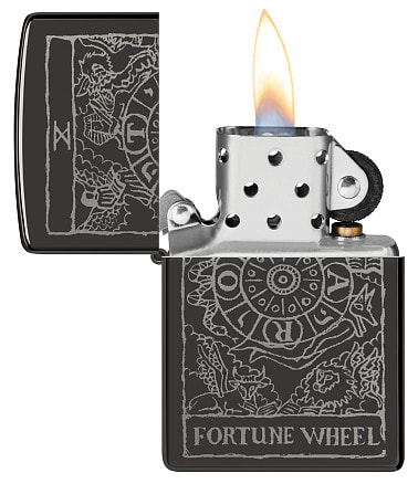 Зажигалка ZIPPO Wheel Of Fortune с покрытием High Polish Black, латунь/сталь, черная, глянцевая, 38x13x57 мм