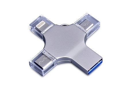 USB-флешка на 32 Гб 4 в 1 поворотный механизм, c дополнительными разъемами MicroUSB, TypeC и Lightning, серебристый