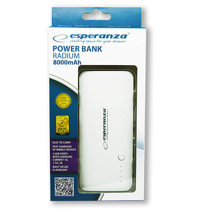 Портативное зарядное устройство Esperanza Radium, пластик, белый/серый, 8000 mAh