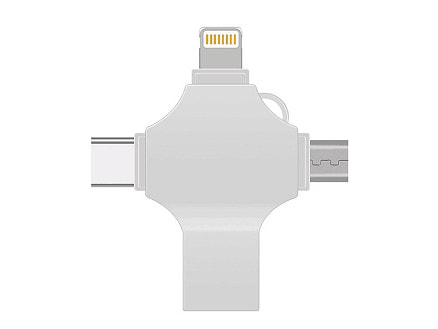USB-флешка на 32 Гб 4 в 1 поворотный механизм, c дополнительными разъемами MicroUSB, TypeC и Lightning, серебристый