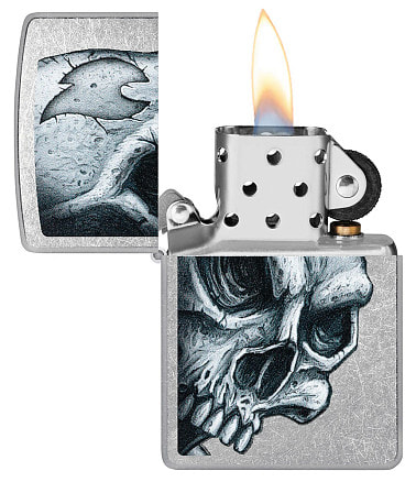 Зажигалка ZIPPO Skull and Flame с покрытием Street Chrome, латунь/сталь, серебристая, матовая, 38x13x57 мм