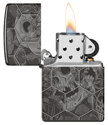Зажигалка ZIPPO Mushroom Skulls с покрытием High Polish Black, латунь/сталь, черная, глянцевая, 38x13x57 мм