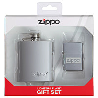 Подарочный набор ZIPPO: фляжка 89 мл и зажигалка, латунь/сталь, серебристый, в коробке с подвесом