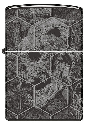 Зажигалка ZIPPO Mushroom Skulls с покрытием High Polish Black, латунь/сталь, черная, глянцевая, 38x13x57 мм