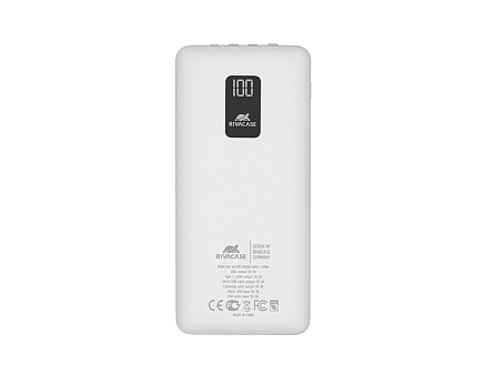 RIVACASE VA2210 (10000 мАч) внешний аккумулятор с дисплеем и встроенными кабелями, белый, 12/48