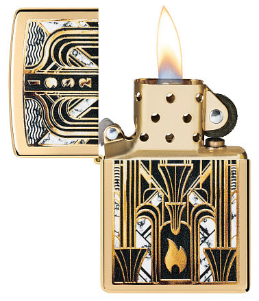 Зажигалка ZIPPO Art Deco Flame с покрытием High Polish Brass, латунь/сталь, золотистая, 38x13x57мм