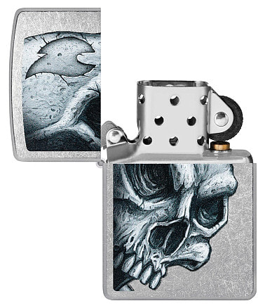 Зажигалка ZIPPO Skull and Flame с покрытием Street Chrome, латунь/сталь, серебристая, матовая, 38x13x57 мм