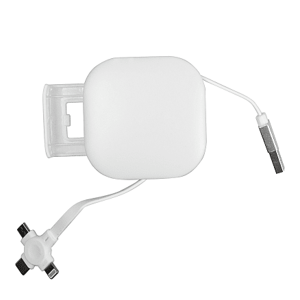 Кабель зарядный выдвижной USB Wingle 3-в-1 на Lightning, Micro-USB, Type-C «U50» 2,4 A, Quick Charge с подставкой для телефона, квадратный, белый